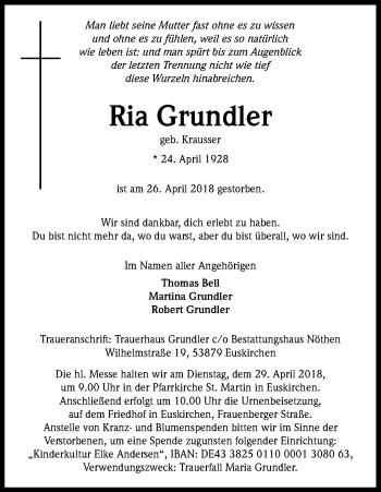 Anzeige von Ria Grundler von Kölner Stadt-Anzeiger / Kölnische Rundschau / Express