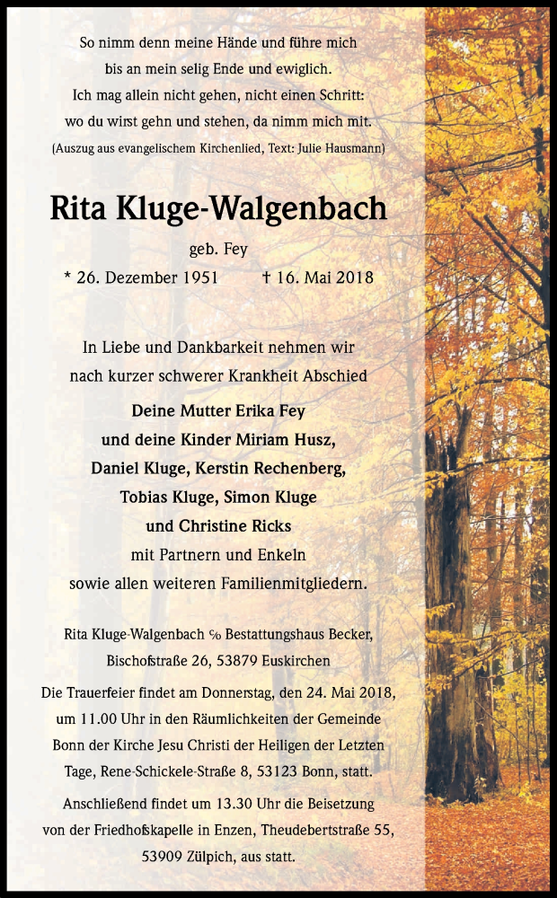  Traueranzeige für Rita Kluge-Walgenbach vom 19.05.2018 aus Kölner Stadt-Anzeiger / Kölnische Rundschau / Express