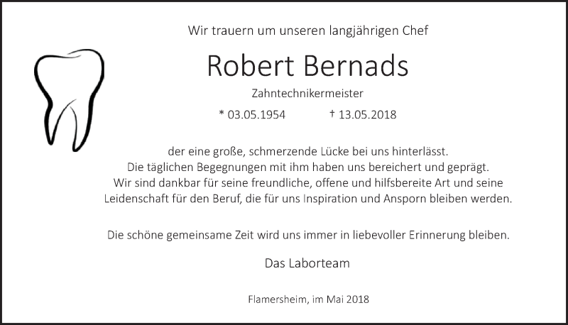  Traueranzeige für Robert Bernads vom 26.05.2018 aus  Blickpunkt Euskirchen 