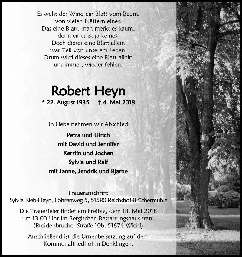  Traueranzeige für Robert Heyn vom 12.05.2018 aus Kölner Stadt-Anzeiger / Kölnische Rundschau / Express