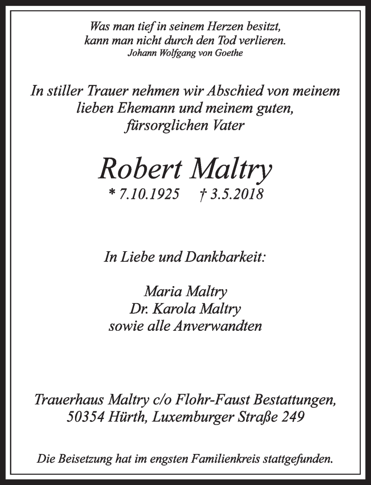  Traueranzeige für Robert Maltry vom 16.05.2018 aus  Schlossbote/Werbekurier 