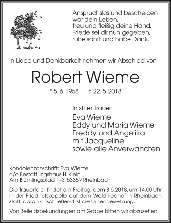 Anzeige von Robert Wieme von  Schaufenster/Blickpunkt 