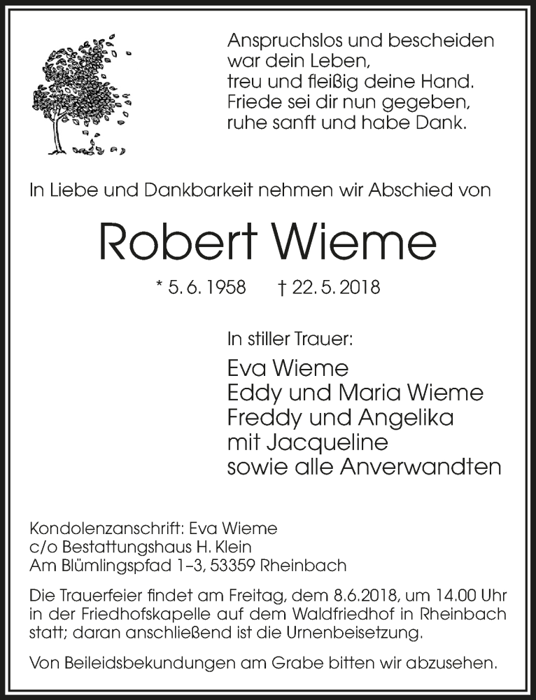  Traueranzeige für Robert Wieme vom 30.05.2018 aus  Schaufenster/Blickpunkt 