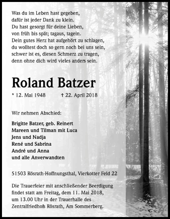 Anzeige von Roland Batzer von Kölner Stadt-Anzeiger / Kölnische Rundschau / Express