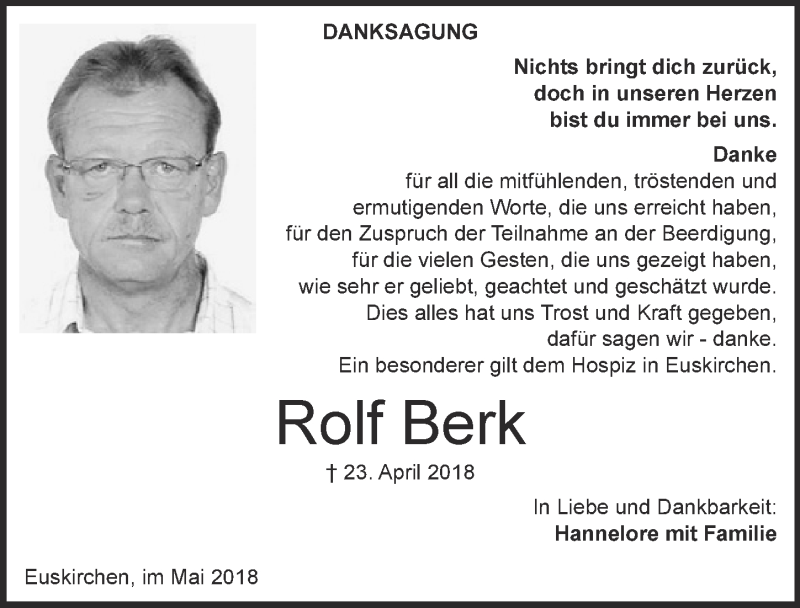  Traueranzeige für Rolf Berk vom 19.05.2018 aus  Blickpunkt Euskirchen 