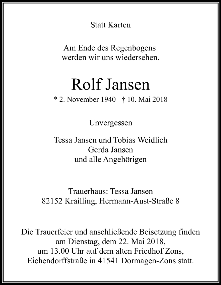  Traueranzeige für Rolf Jansen vom 16.05.2018 aus Kölner Stadt-Anzeiger / Kölnische Rundschau / Express