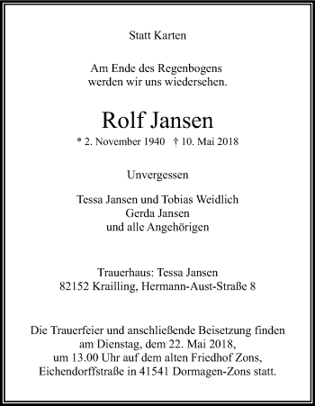 Anzeige von Rolf Jansen von Kölner Stadt-Anzeiger / Kölnische Rundschau / Express