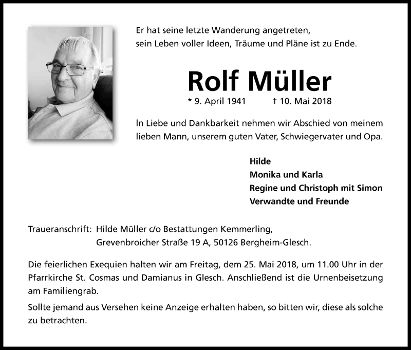  Traueranzeige für Rolf Müller vom 19.05.2018 aus Kölner Stadt-Anzeiger / Kölnische Rundschau / Express