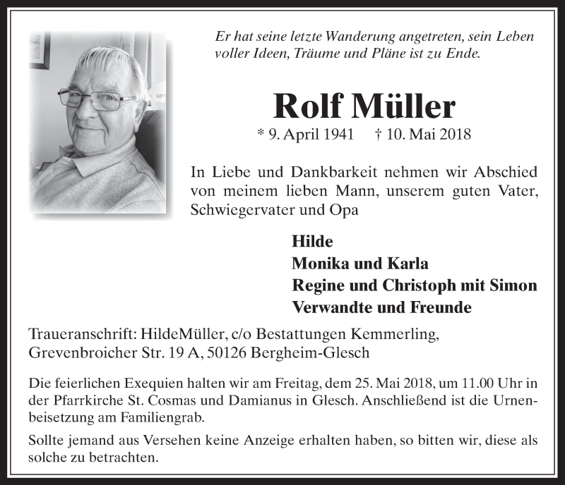  Traueranzeige für Rolf Müller vom 23.05.2018 aus  Werbepost 