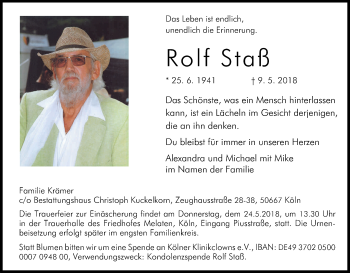 Anzeige von Rolf Staß von Kölner Stadt-Anzeiger / Kölnische Rundschau / Express