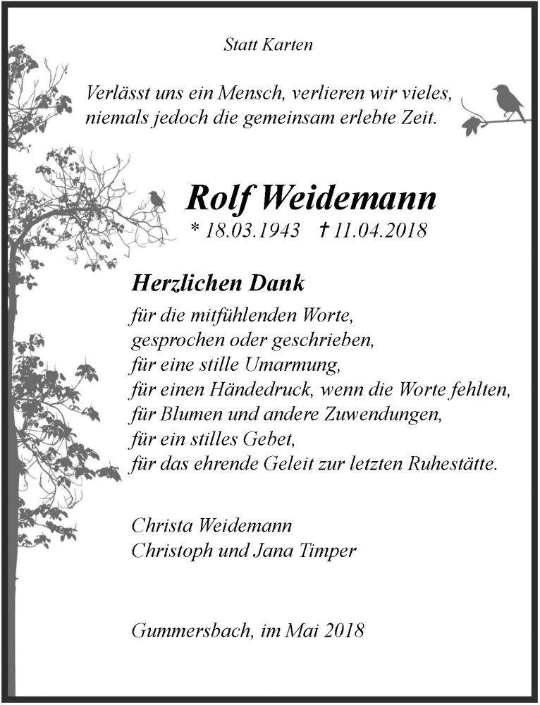  Traueranzeige für Rolf Weidemann vom 30.05.2018 aus  Anzeigen Echo 