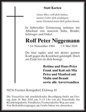 Anzeige von Rolf Peter Niggemann von  Wochenende 