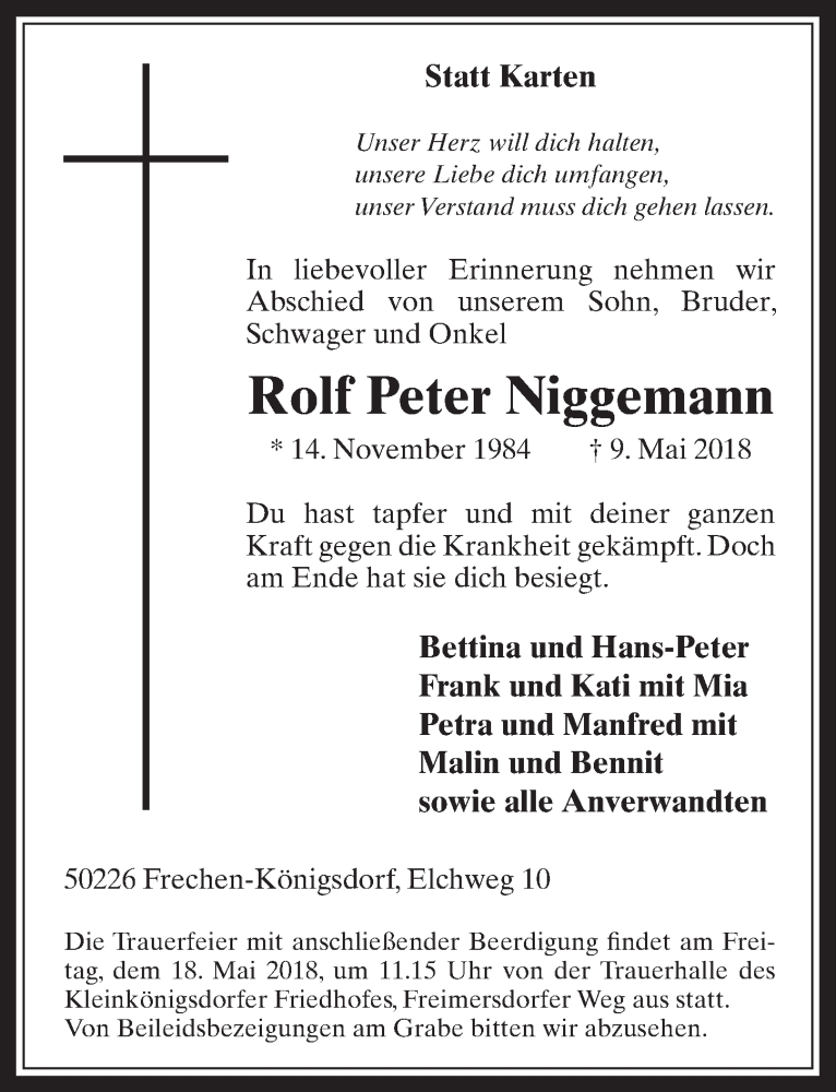  Traueranzeige für Rolf Peter Niggemann vom 16.05.2018 aus  Wochenende 