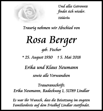 Anzeige von Rosa Berger von Kölner Stadt-Anzeiger / Kölnische Rundschau / Express