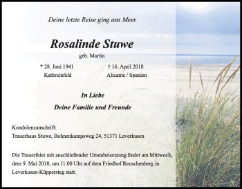 Anzeige von Rosalinde Stuwe von Kölner Stadt-Anzeiger / Kölnische Rundschau / Express