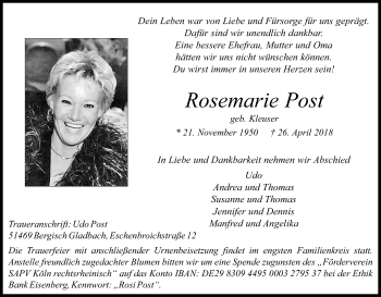 Anzeige von Rosemarie Post von Kölner Stadt-Anzeiger / Kölnische Rundschau / Express