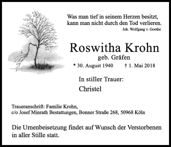 Anzeige von Roswitha Krohn von Kölner Stadt-Anzeiger / Kölnische Rundschau / Express