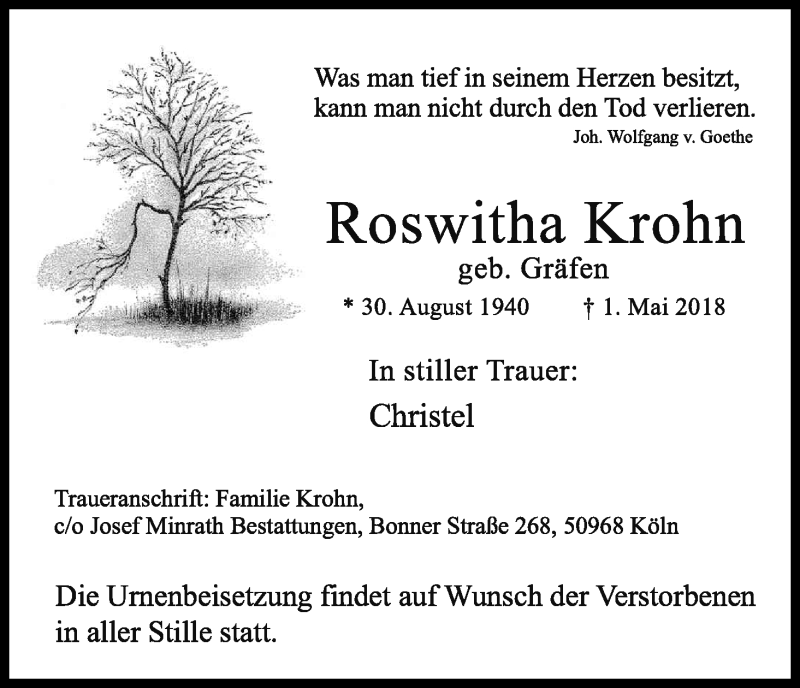  Traueranzeige für Roswitha Krohn vom 12.05.2018 aus Kölner Stadt-Anzeiger / Kölnische Rundschau / Express