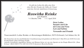 Anzeige von Roswitha Reinke von  Werbepost 