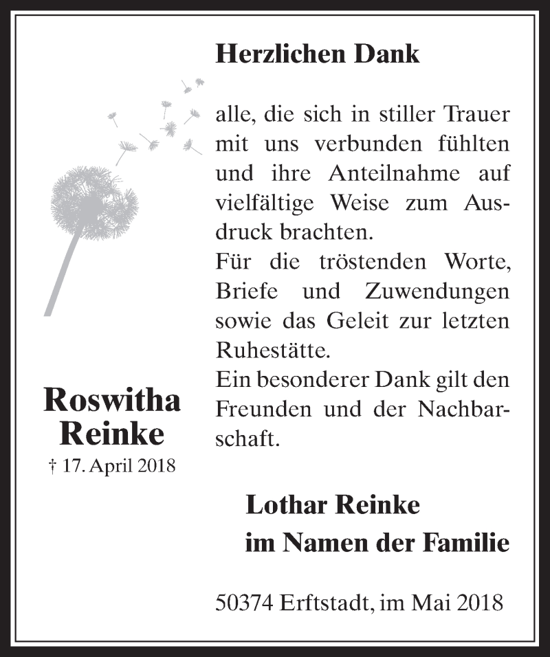  Traueranzeige für Roswitha Reinke vom 23.05.2018 aus  Werbepost 