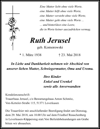 Anzeige von Rudi Jerusel von Kölner Stadt-Anzeiger / Kölnische Rundschau / Express