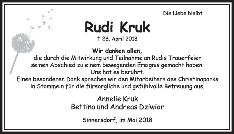  Traueranzeige für Rudi Kruk vom 26.05.2018 aus  Sonntags-Post 