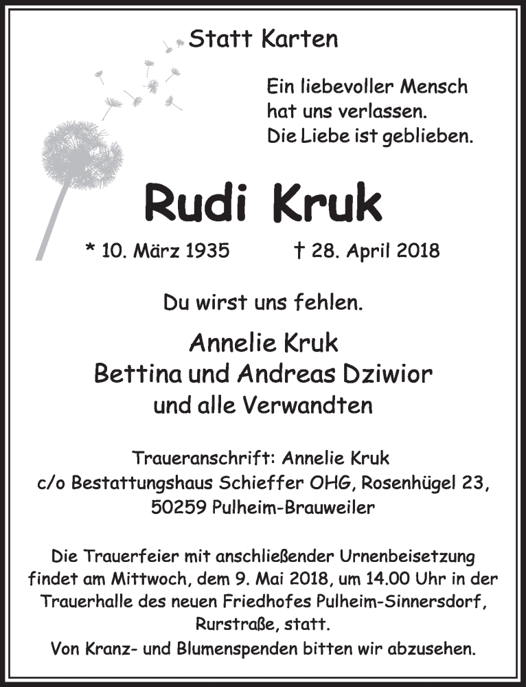  Traueranzeige für Rudi Kruk vom 05.05.2018 aus  Sonntags-Post 