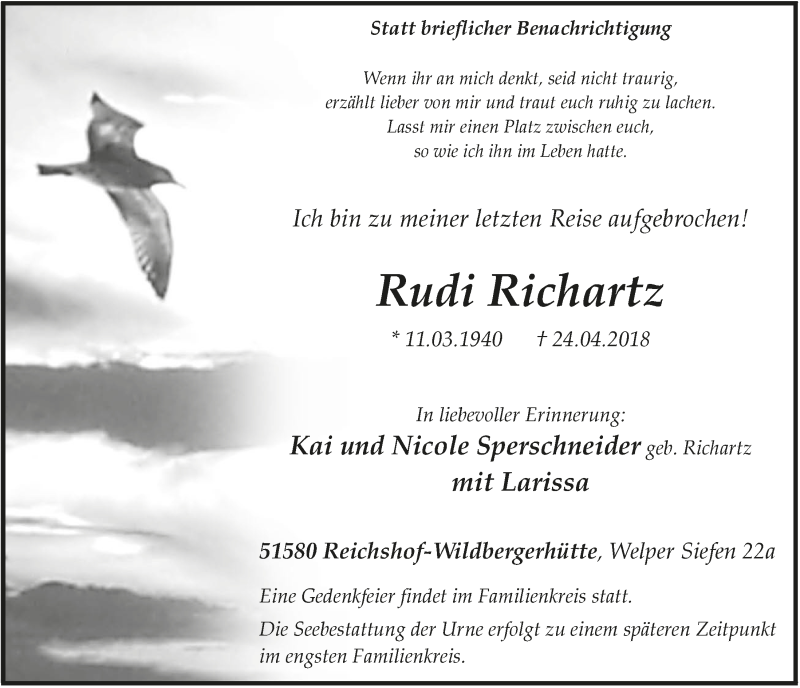  Traueranzeige für Rudi Richartz vom 02.05.2018 aus  Anzeigen Echo 