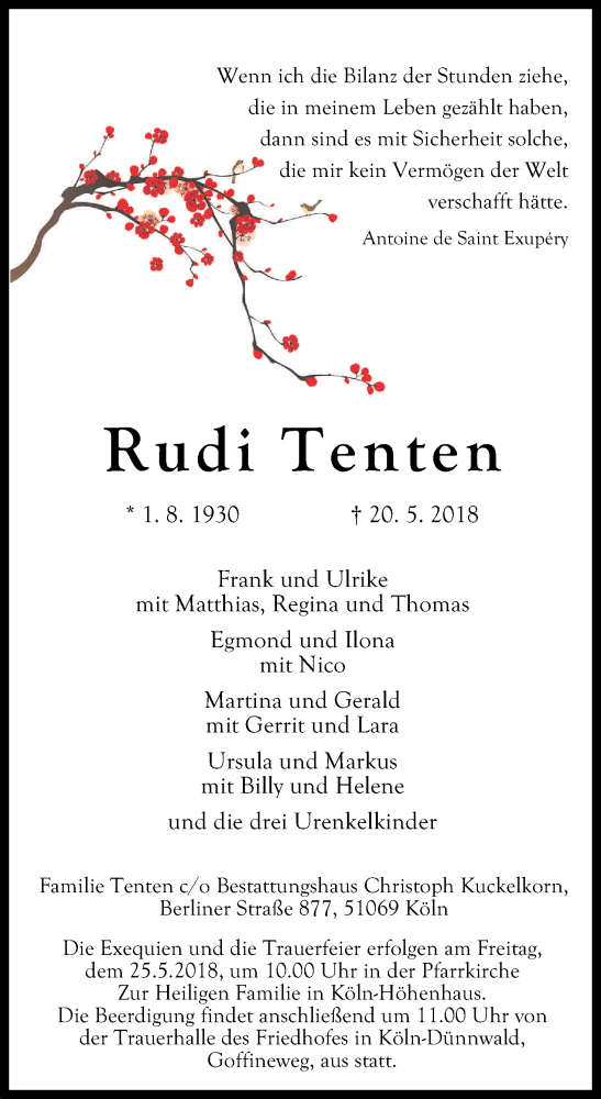  Traueranzeige für Rudi Tenten vom 23.05.2018 aus Kölner Stadt-Anzeiger / Kölnische Rundschau / Express