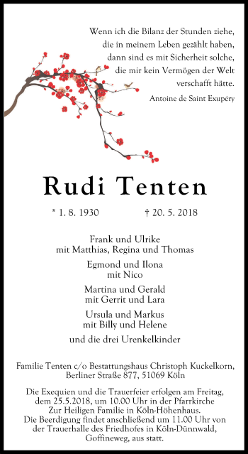 Anzeige von Rudi Tenten von Kölner Stadt-Anzeiger / Kölnische Rundschau / Express