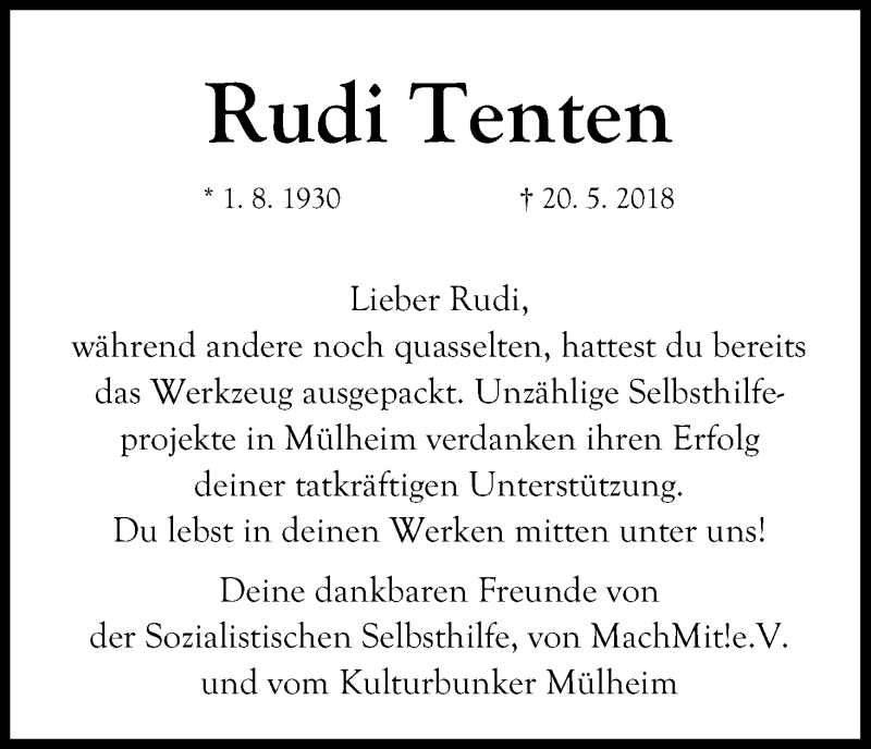  Traueranzeige für Rudi Tenten vom 24.05.2018 aus Kölner Stadt-Anzeiger / Kölnische Rundschau / Express