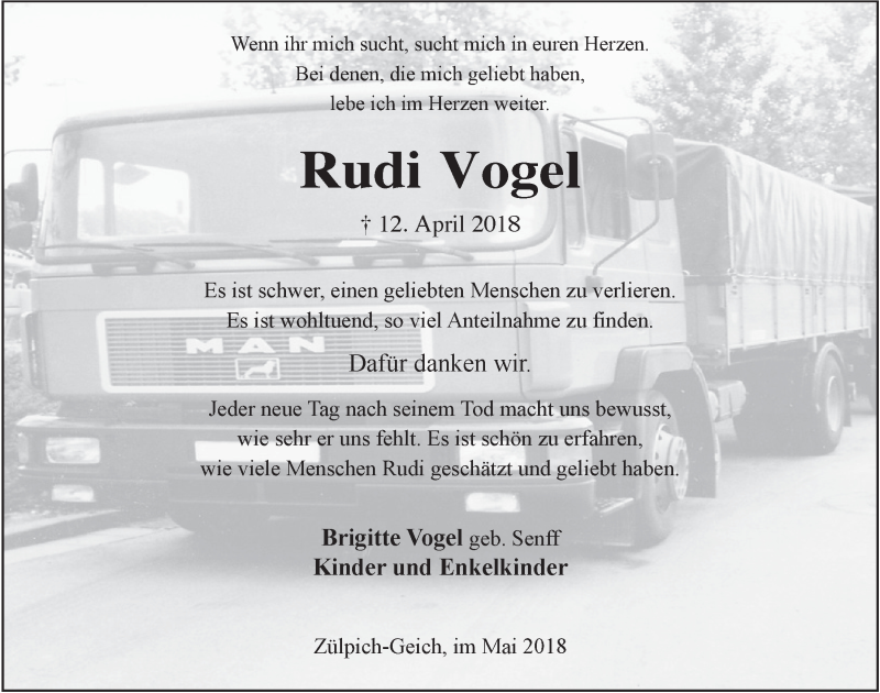  Traueranzeige für Rudi Vogel vom 26.05.2018 aus  Blickpunkt Euskirchen 