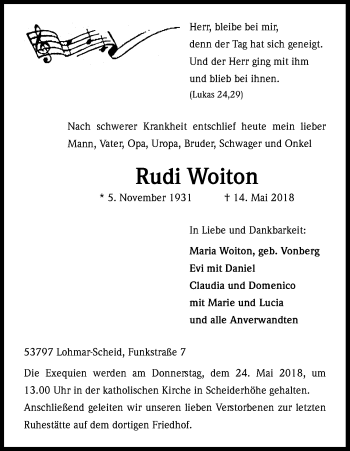 Anzeige von Rudi Woiton von Kölner Stadt-Anzeiger / Kölnische Rundschau / Express