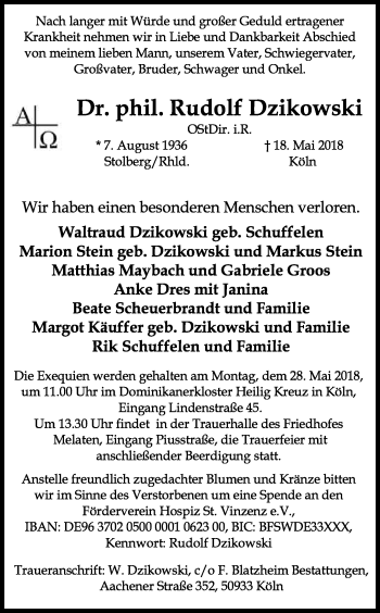 Anzeige von Rudolf Dzikowski von Kölner Stadt-Anzeiger / Kölnische Rundschau / Express