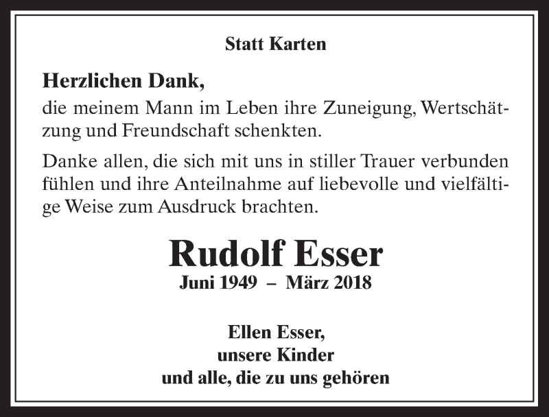  Traueranzeige für Rudolf Esser vom 09.05.2018 aus  Wochenende 