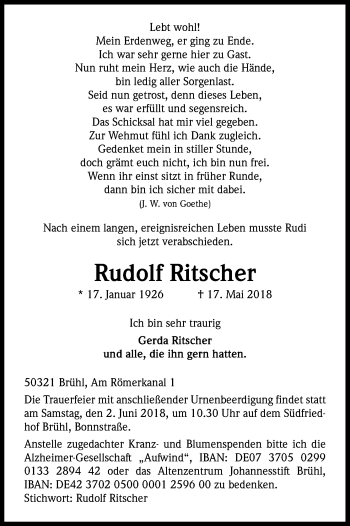 Anzeige von Rudolf Ritscher von Kölner Stadt-Anzeiger / Kölnische Rundschau / Express
