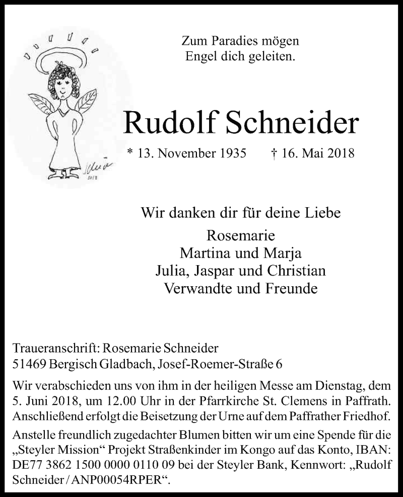  Traueranzeige für Rudolf Schneider vom 30.05.2018 aus Kölner Stadt-Anzeiger / Kölnische Rundschau / Express