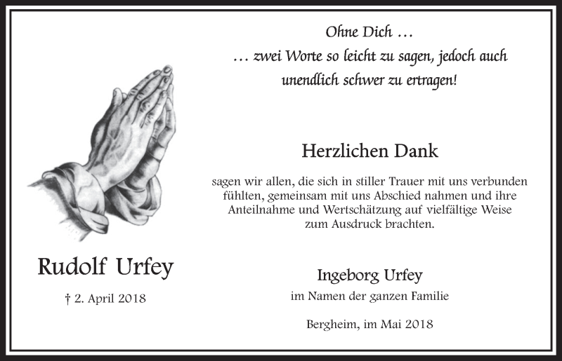  Traueranzeige für Rudolf Urfey vom 05.05.2018 aus  Sonntags-Post 