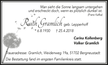 Anzeige von Ruth Gramlich von  Anzeigen Echo 