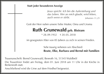 Anzeige von Ruth Grunewald von  Lokalanzeiger 