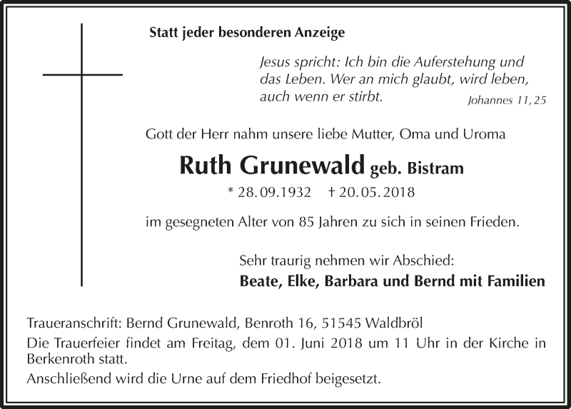  Traueranzeige für Ruth Grunewald vom 30.05.2018 aus  Lokalanzeiger 