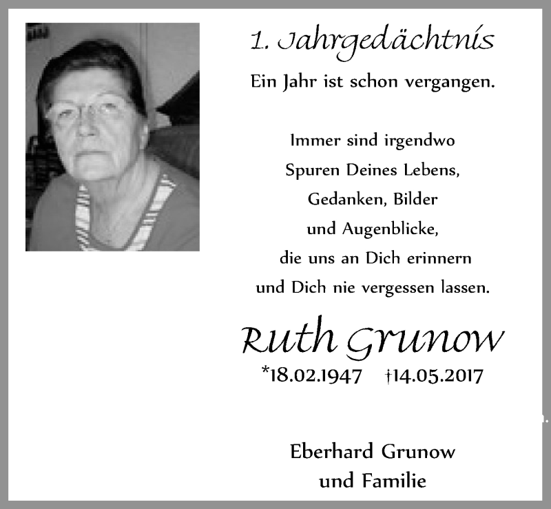  Traueranzeige für Ruth Grunow vom 12.05.2018 aus  Blickpunkt Euskirchen 