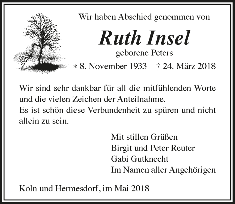  Traueranzeige für Ruth Insel vom 23.05.2018 aus  Lokalanzeiger 
