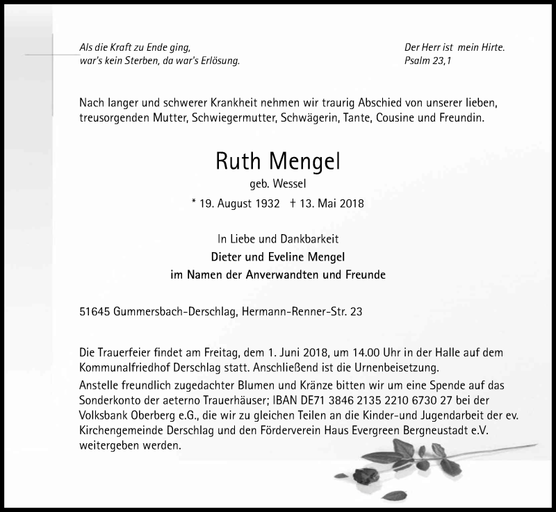  Traueranzeige für Ruth Mengel vom 19.05.2018 aus Kölner Stadt-Anzeiger / Kölnische Rundschau / Express