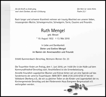 Anzeige von Ruth Mengel von Kölner Stadt-Anzeiger / Kölnische Rundschau / Express