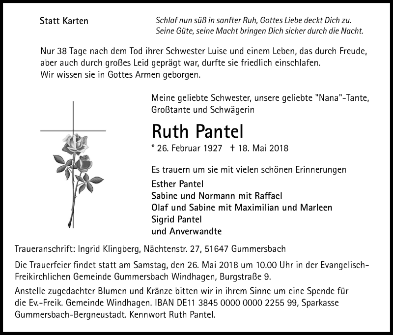  Traueranzeige für Ruth Pantel vom 23.05.2018 aus Kölner Stadt-Anzeiger / Kölnische Rundschau / Express