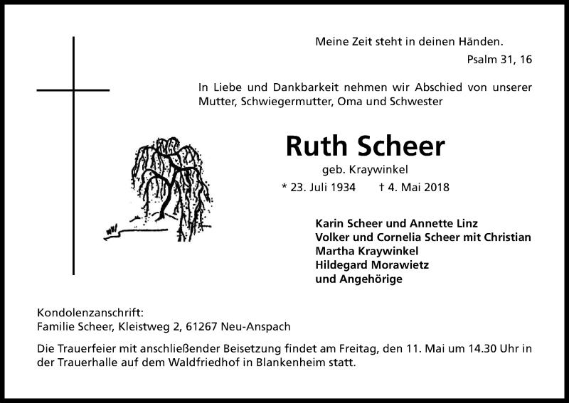  Traueranzeige für Ruth Scheer vom 08.05.2018 aus Kölner Stadt-Anzeiger / Kölnische Rundschau / Express