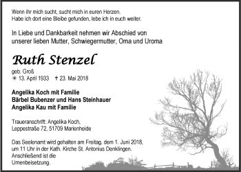 Anzeige von Ruth Stenze von  Anzeigen Echo  Lokalanzeiger 
