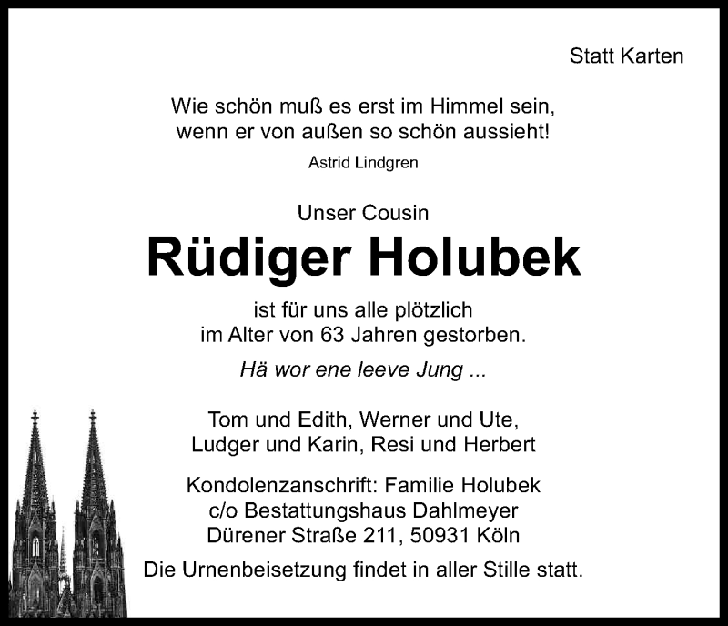  Traueranzeige für Rüdiger Holubek vom 12.05.2018 aus Kölner Stadt-Anzeiger / Kölnische Rundschau / Express