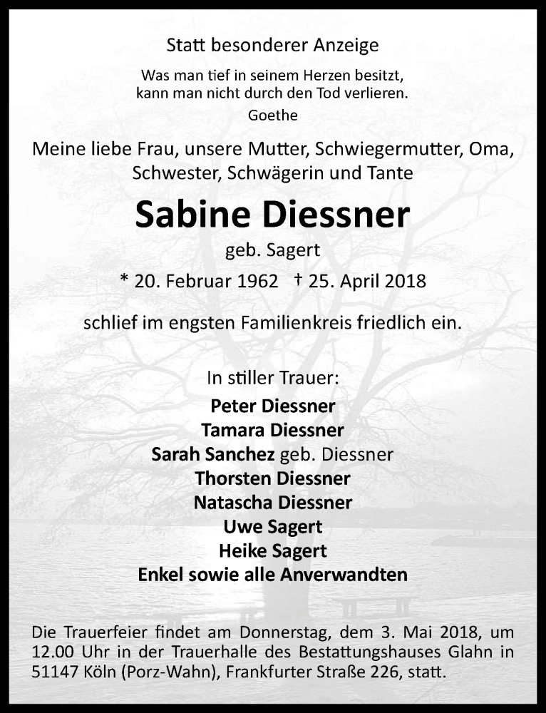  Traueranzeige für Sabine Diessner vom 02.05.2018 aus  Kölner Wochenspiegel 